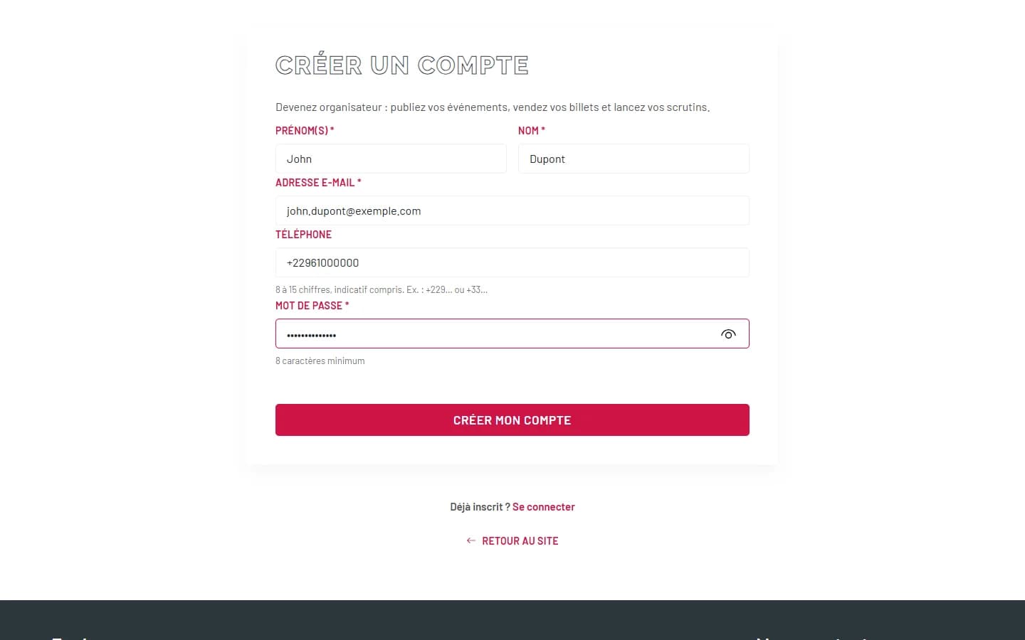 Formulaire d'inscription e-Wakpon rempli avec prénom, nom, e-mail, téléphone et mot de passe