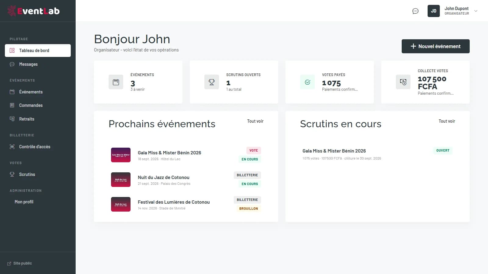 Tableau de bord organisateur avec les indicateurs, les prochains événements et les scrutins en cours
