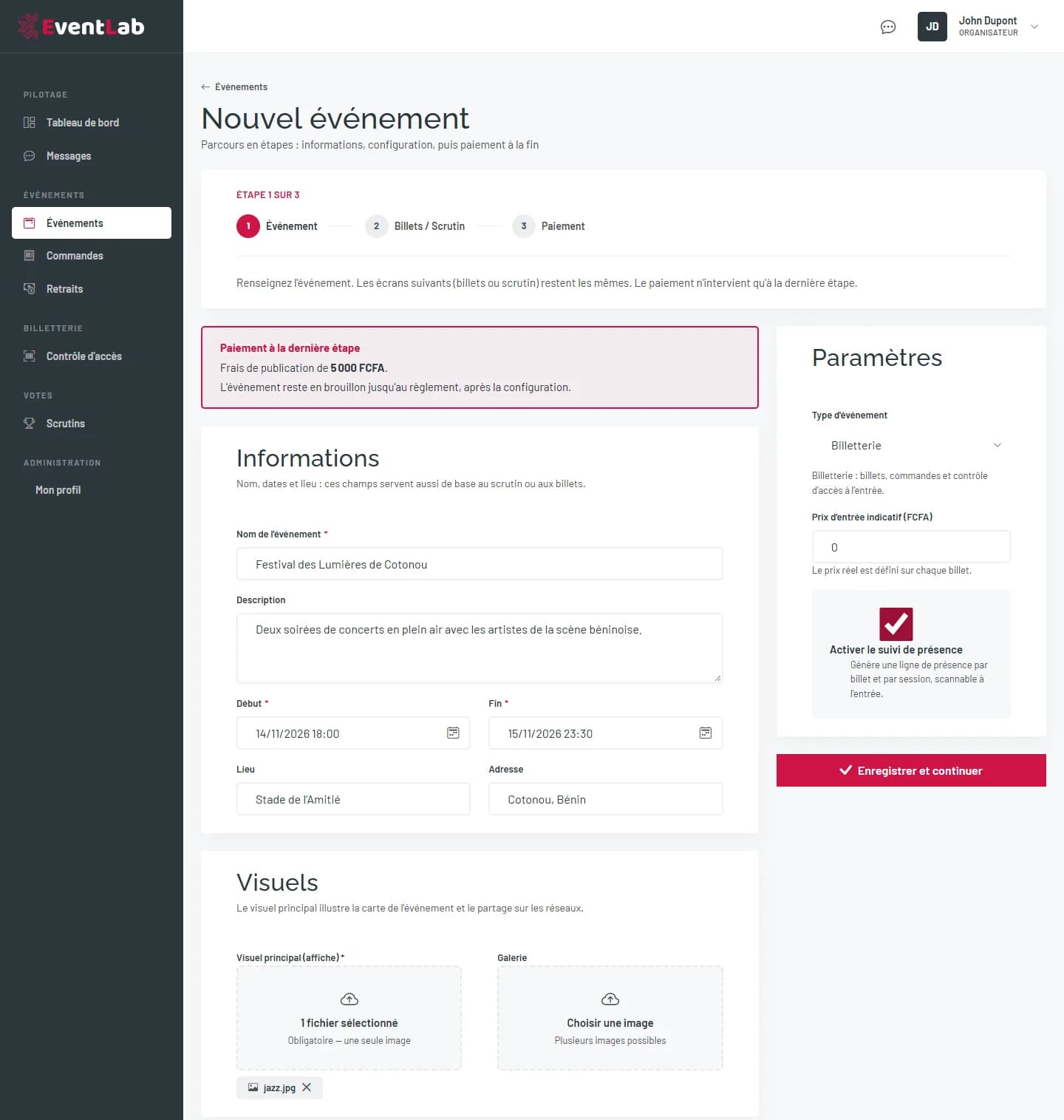 Formulaire Nouvel événement avec l'encadré des frais de publication, les informations, les visuels et les paramètres