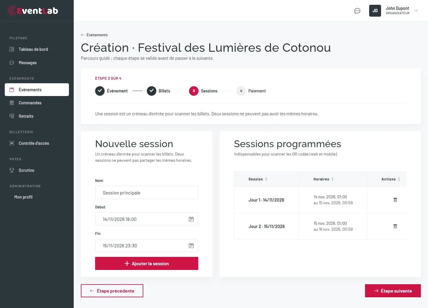 Étape Sessions avec le formulaire Nouvelle session et la liste des sessions programmées par jour