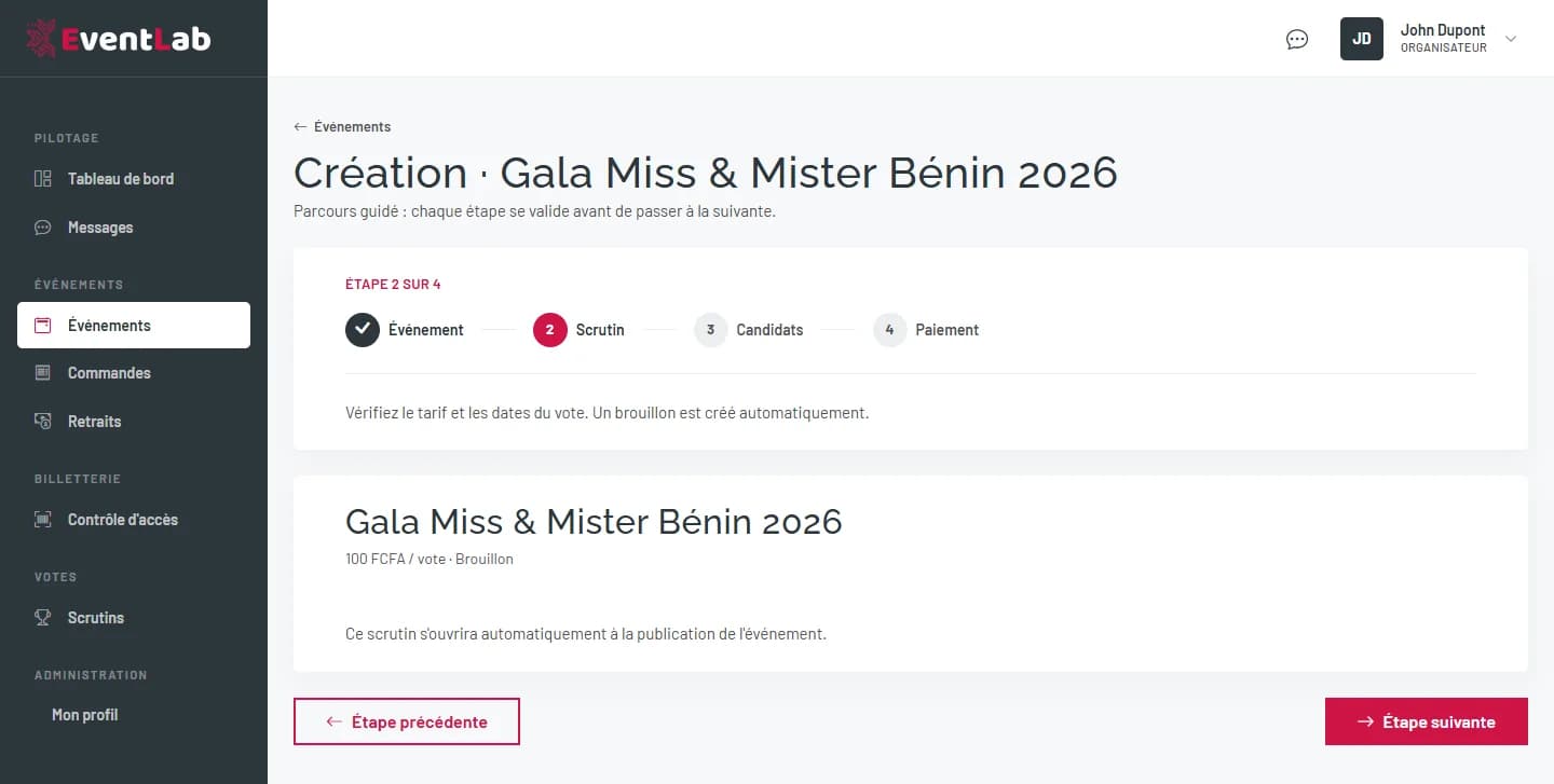 Étape Scrutin du parcours de création avec le scrutin brouillon et son prix par vote