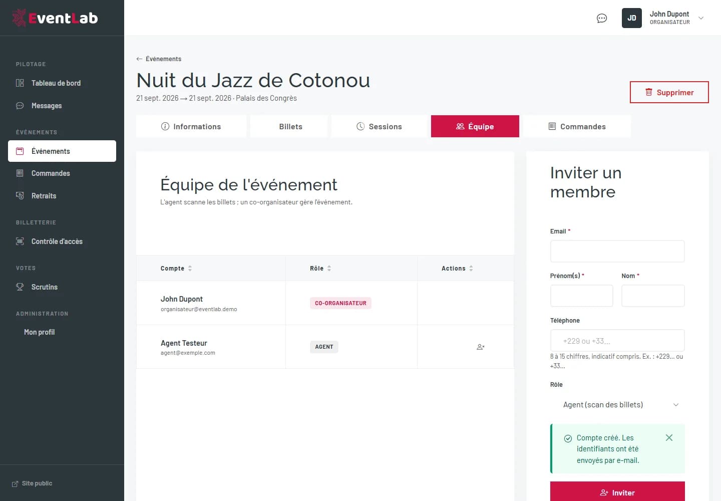 Onglet Équipe avec la liste des membres et le formulaire d'invitation