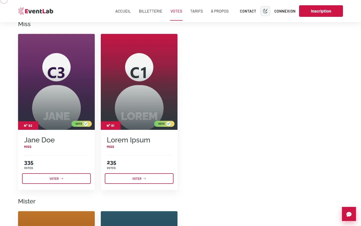 Page publique d'un scrutin avec les cartes des candidats Miss et le bouton Voter
